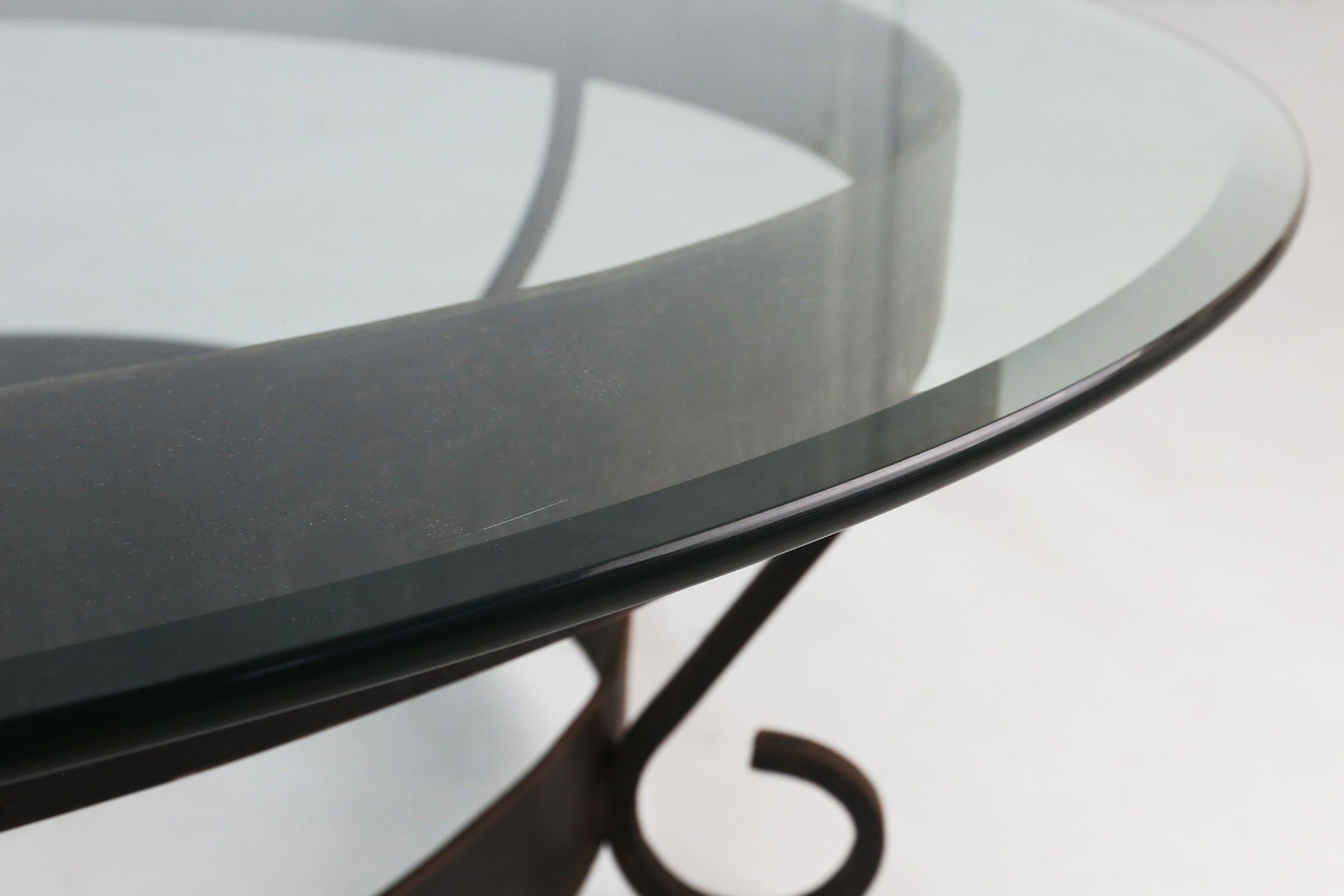 Rustic Round Coffee Table with Wrought Iron Base and Glass Top, France, 1930sthumbnail